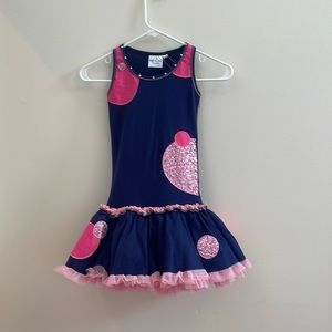 Ooh La La Couture Navy Dress With Pink Dots  And Sequin Accents Size 6X/7 NWT